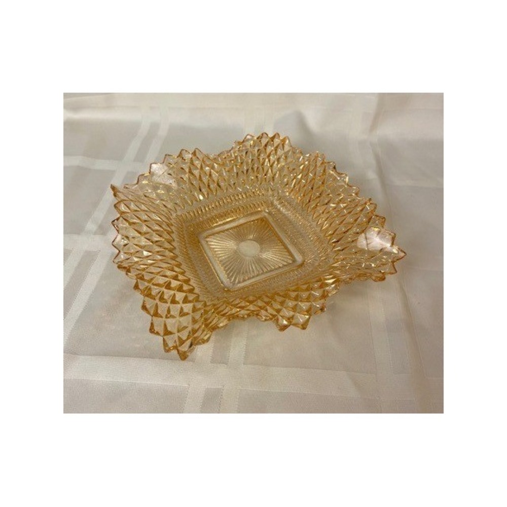 Vintage Amber Marigold Carnival Glass Square Bowl Diamond Point Sawtooth 6.75"